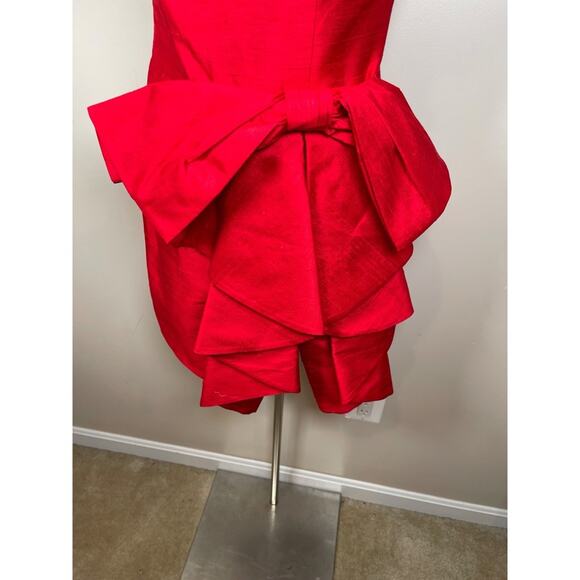 RASARIO Bow Embellished Draped Ruffle Silk Red Mini Dress Size 4 - Picture 5 of 10